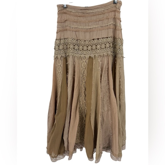 Vintage 90s Brown Mixed Media Lace Gypsy Skirt Whimsigoth Witchy Boho Maxi - Picture 7 of 11